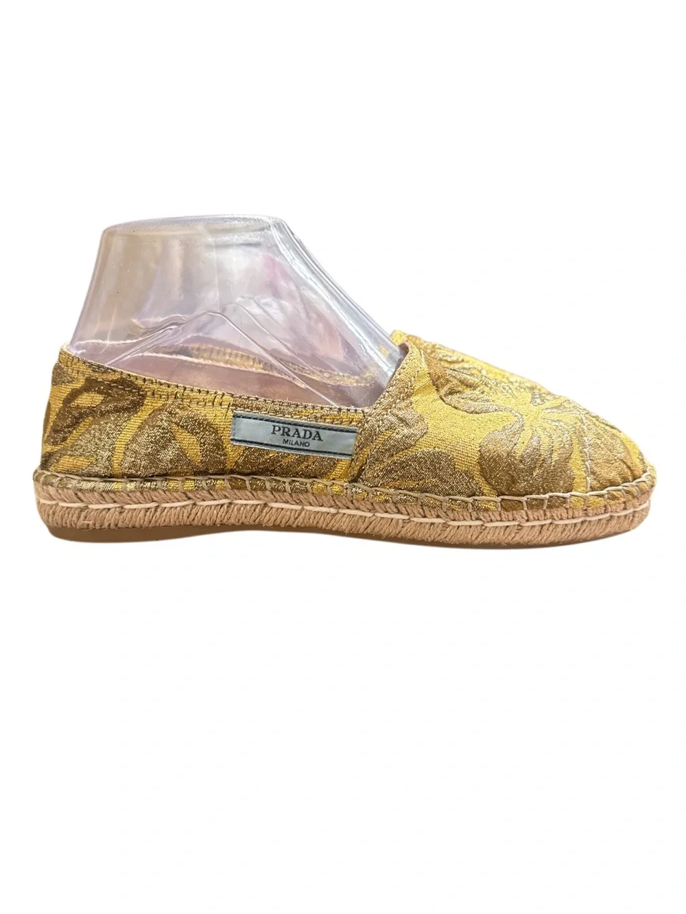 PRADA GOLD BROCADE FABRIC ESPADRILLE FLATS